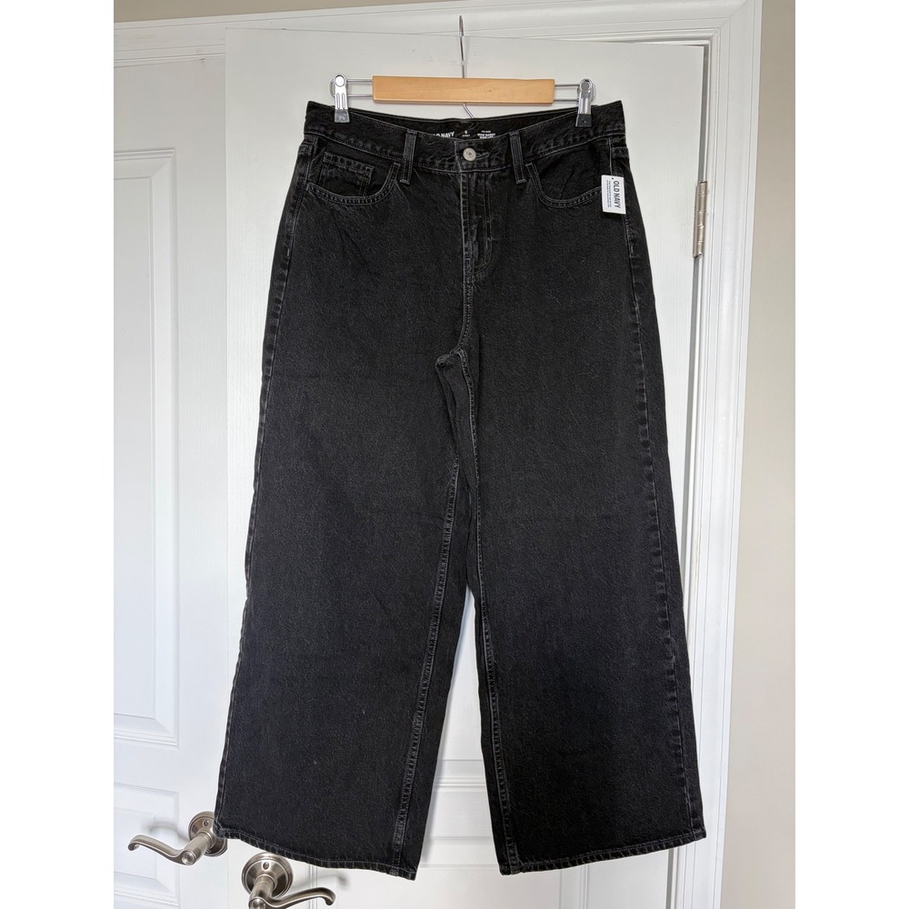 Old Navy Wow Baggy Wide Leg Jeans Mid-Rise Washed Black Denim 6 Short NWT